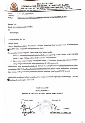 LABRN Surati Bupati Madina Terkait Pt PSU Unit Patiluban