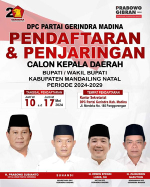 Partai Gerindra Hari ini Buka Penjaringan Cakada Madina. Ivan Iskandar Batubara Pendaftar ke Dua