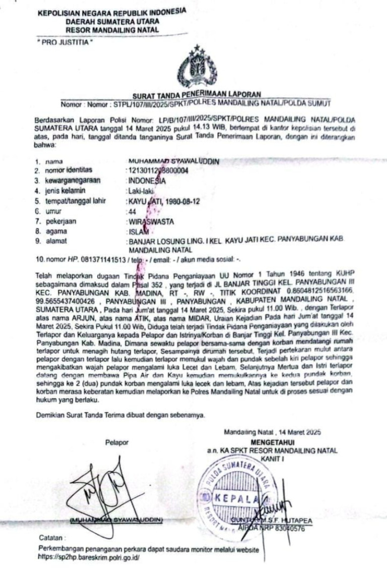 Hampir Setahun Laporan Penganiayaan Mengendap di Polres Madina