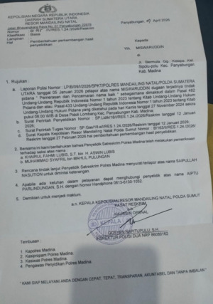 Polres Madina Terbitkan SP2HP, Saipullah Nasution Bakal Diperiksa