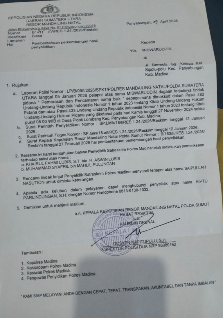 Polres Madina Terbitkan SP2HP, Saipullah Nasution Bakal Diperiksa