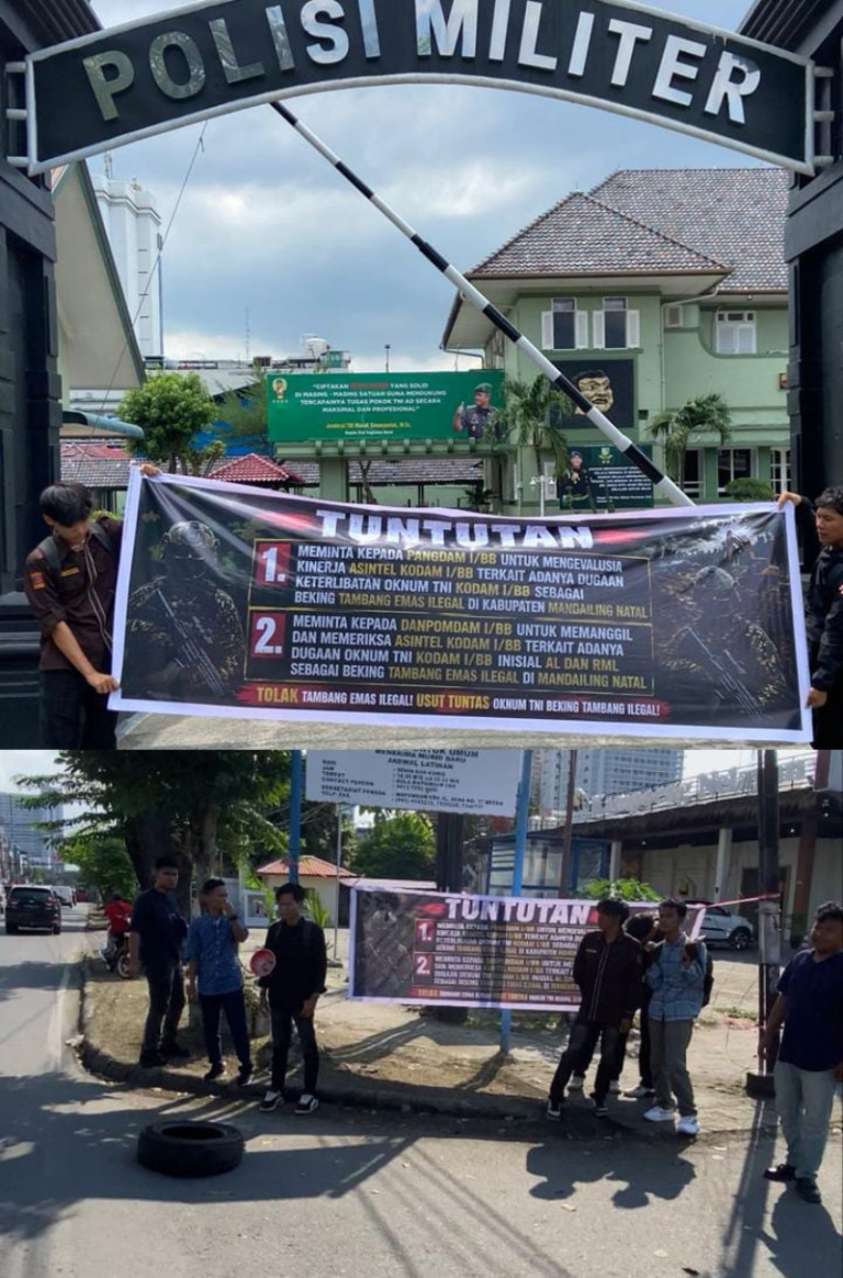 Aliansi Mahasiswa Aksi di Pomdam I/BB, Desak TNI Tindak Oknum Diduga Lindungi PETI Madina
